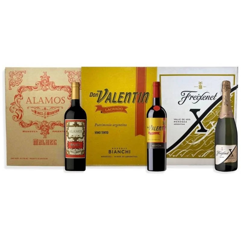 1 CAJA ÁLAMOS MALBEC 750ML + 1 CAJA DON VALENTÍN LACRADO TINTO BLEND 750ML + 1 CAJA FREIXENET X DEMI SEC 750ML