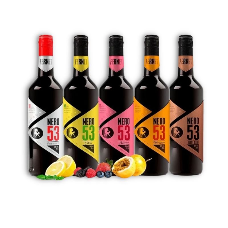 MIX FERNET NERO 53 1U PREMIUM + 1U CITRUS + 1U BERRIES + 1U MARACUYÁ + 1U BARREL BLEND KIT X5U 750ML