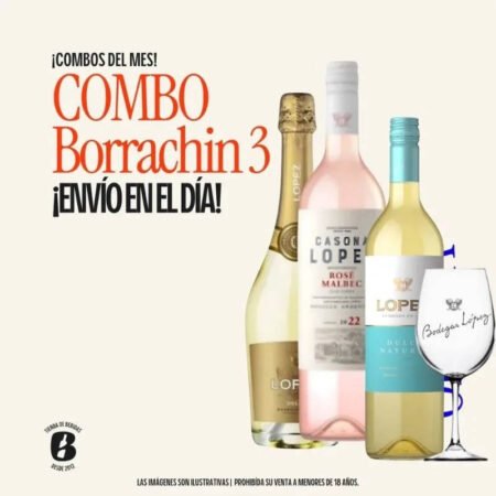 BOX 2 1U COPA DE VIDRIO LÓPEZ 600ML + 1U CASONA LÓPEZ ROSÉ MALBEC 750ML + 1U LÓPEZ DULCE NATURAL CHENÍN BLANC TORRONTÉS MOSCATEL 750ML	 + 1U LÓPEZ DULCE ESPUMANTE 750ML